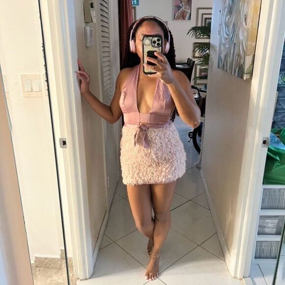 Sexy Plunge Neck Cutout  Halter Backless Pink Feather Glinda Mini Dress - Picture 12 of 13